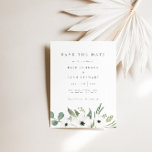 Anemones & Dusty Eucalyptus Save the Date Kaart<br><div class="desc">Het ontwerp is voorzien van een boeket waterverf groen, eucalyptus, sage en anemonen die met de hand zijn getekend, speciaal voor het "Evergreen Garden"-Collectie voor het uitnodigen van weddenschappen. U kunt de informatie volledig aanpassen, klik "Personalize". Uitzicht de link collectie op deze pagina om alle overeenkomende objecten in dit prachtige...</div>