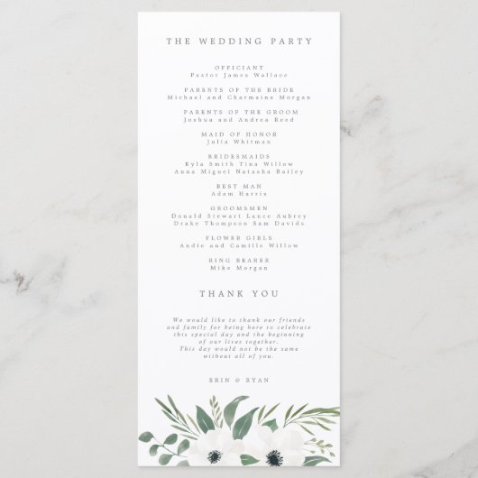 Anemones & Dusty Eucalyptus Wedding Programme Menu (Achterkant)
