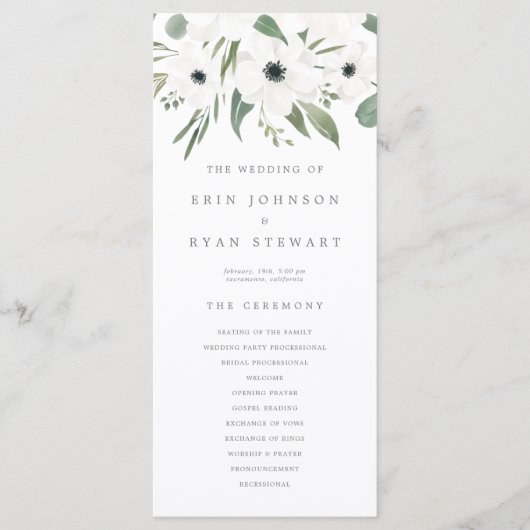 Anemones & Dusty Eucalyptus Wedding Programme Menu (Voorkant)
