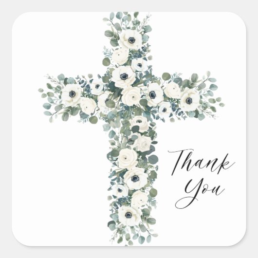 Anemones Eucalyptus Cross Religieus Dank u Vierkante Sticker (Voorkant)