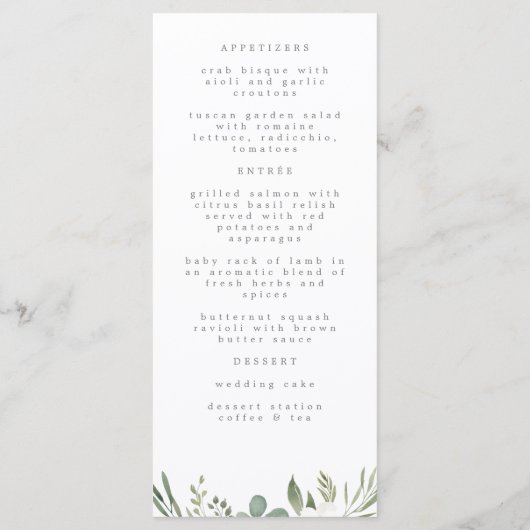 Anemones Sage & Dusty Eucalyptus Weddenschap Menu (Achterkant)
