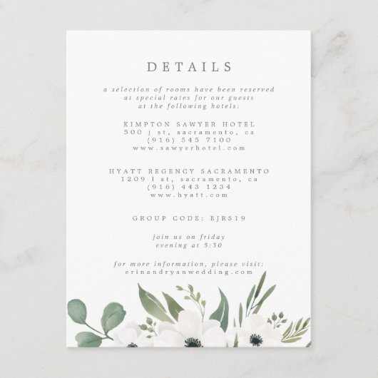 Anemones Sage & Dusty Green Eucalyptus Weddenschap Informatiekaartje (Voorkant)