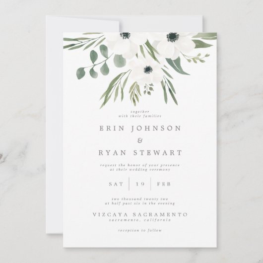 Anemones Sage & Dusty Green Eucalyptus Wedding Inv Kaart (Voorkant)