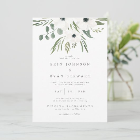 Anemones Sage & Dusty Green Eucalyptus Wedding Inv Kaart (Staand voorkant)