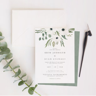 Anemones Sage & Dusty Green Eucalyptus Wedding Inv Kaart