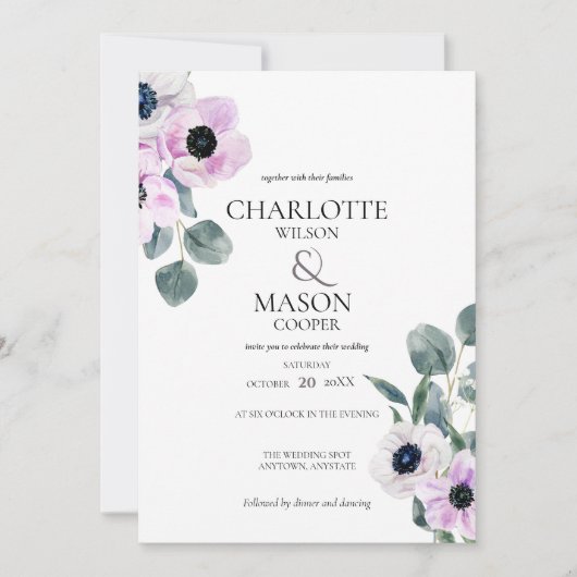 Anemones Waterverf Flowers Wedding Invitations Kaart (Voorkant)