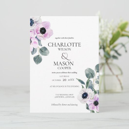 Anemones Waterverf Flowers Wedding Invitations Kaart (Staand voorkant)