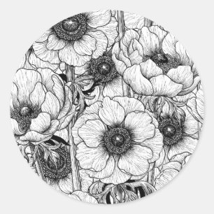 Anemontuin in zwart-wit ronde sticker