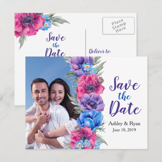 Anemoon Bloemen Foto Bruiloft Save the Date Aankondigingskaart (Voorkant / Achterkant)