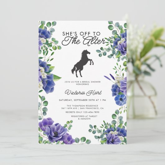 Anemoon | Derby | Blauwe Bruidsdouche Uitnodiging (Staand voorkant)