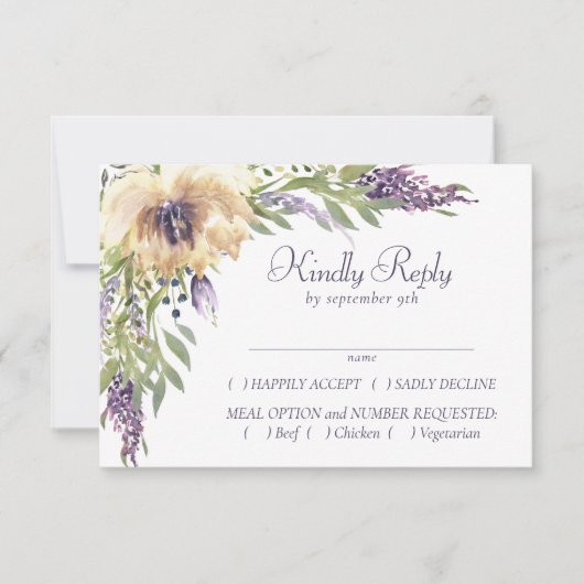 Anemoon en lavendel | Paarse groene crème entree RSVP Kaartje (Voorkant)