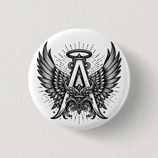 Angel Alphabet A Initiaal Latter Wings Halo Ronde Button 3,2 Cm (Voorkant)