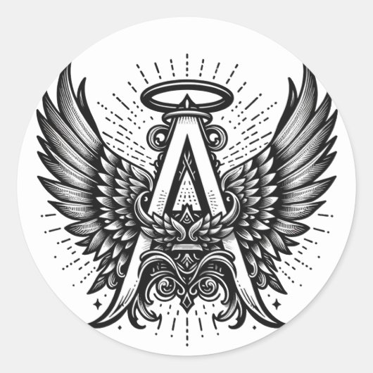 Angel Alphabet A Initiaal Latter Wings Halo Ronde Sticker (Voorkant)
