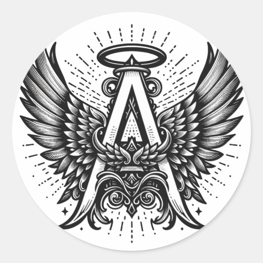 Angel Alphabet A Initiaal Latter Wings Halo Ronde Sticker (Voorkant)