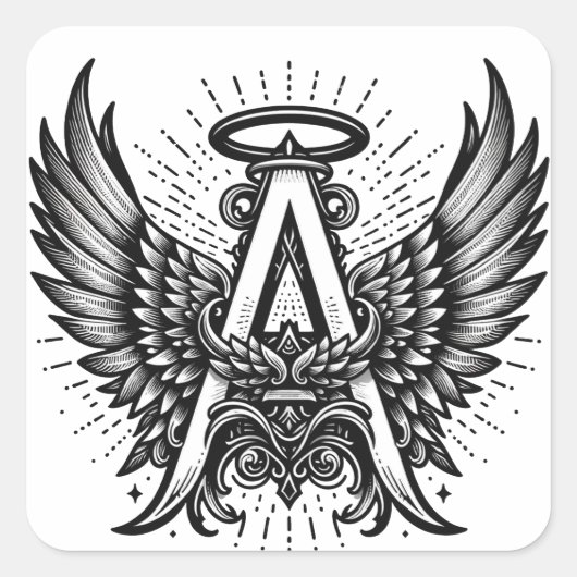 Angel Alphabet A Initiaal Latter Wings Halo Vierkante Sticker (Voorkant)
