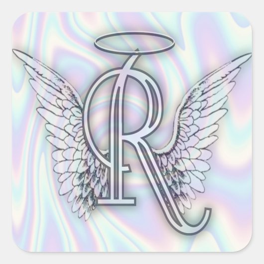 Angel Alphabet R Initiaal Letter Wings Halo Square Vierkante Sticker (Voorkant)