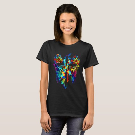 Angel Autism Awareness Cross Wings Cross Faith Jes T-shirt (Voorkant volledig)