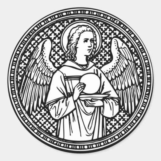 Angel Black en White met Host Religieuze Katholiek Ronde Sticker (Voorkant)