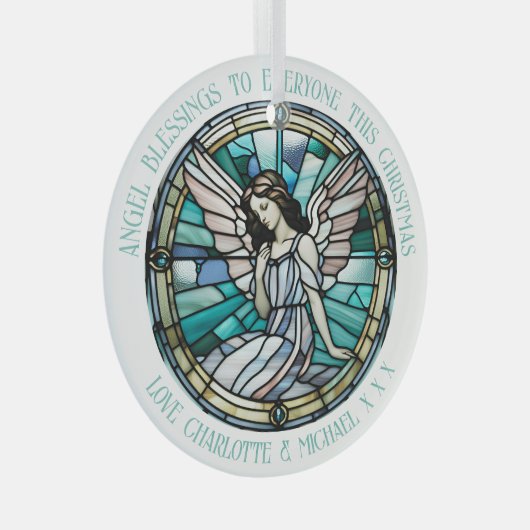Angel Blessing Blauwgroen en aqua gekleurd Glas Ornament (Voorkant Rechts)
