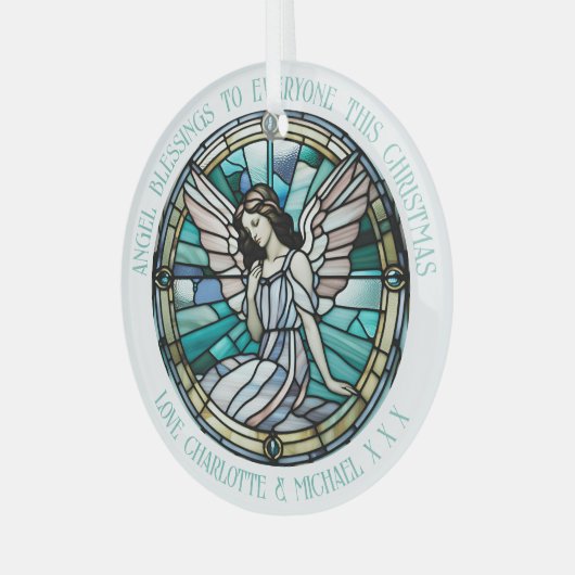 Angel Blessing Blauwgroen en aqua gekleurd Glas Ornament (Voorkant links)