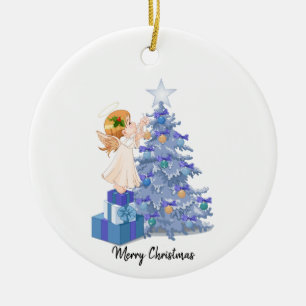 Angel Blue & Paarse kerstboom Keramisch Ornament