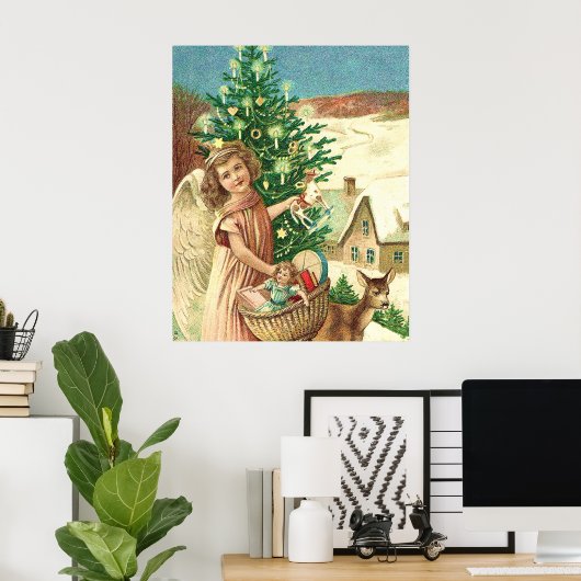 Angel bringing Christmas gifts and presents Poster (Thuiskantoor)