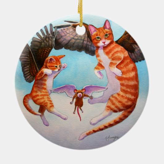 Angel Cat and Mouse Game-kerstversiering Keramisch Ornament (Achterkant)