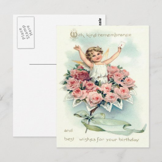 Angel Cherub Boeket van Rozen Briefkaart (Voorkant / Achterkant)