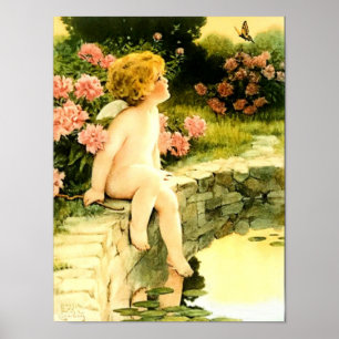 Angel Cherub in Peony Garden circa 1920 Poster