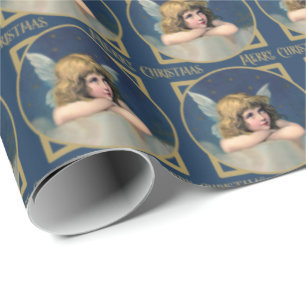 Angel Cherub Merry Blue Gold Cadeaupapier