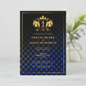 Angel Crest | Gold Royal Blue Luxurious Wedding Kaart (Staand voorkant)