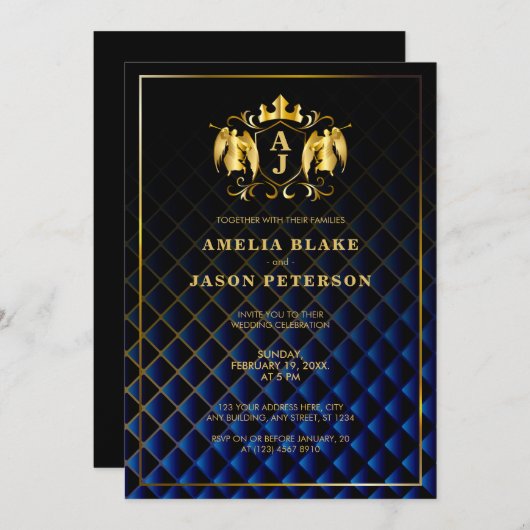Angel Crest | Gold Royal Blue Luxurious Wedding Kaart (Voorkant / Achterkant)