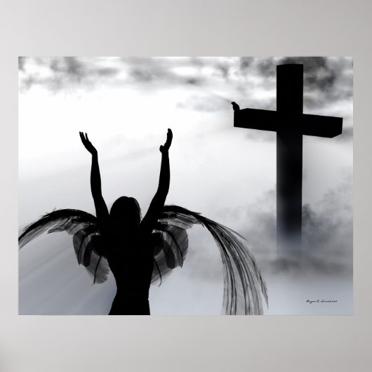 Angel die bidt tot de Christelijke Cross Art Print (Voorkant)