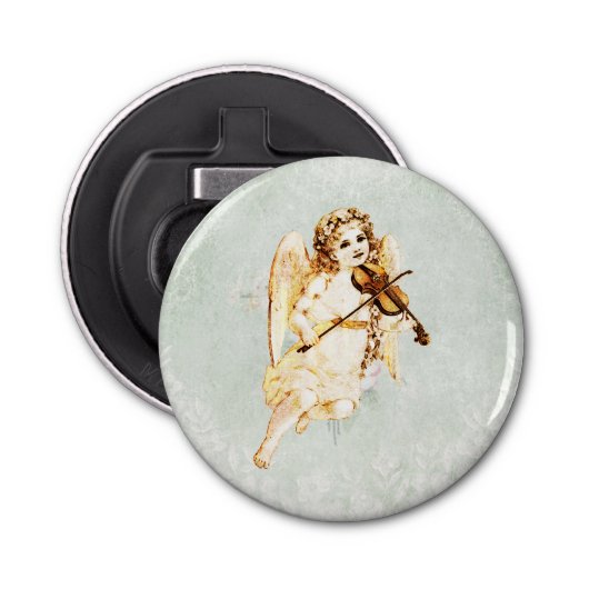 Angel die een Violin speelt op een Shabby-textuur Button Flesopener (Voorkant)