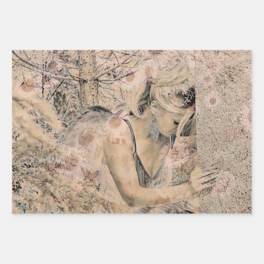 Angel Elegant Boho Antiek Sepia Floral Inpakpapier Vel (Voorkant)