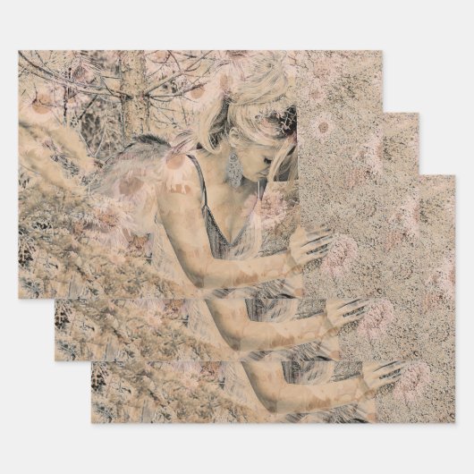 Angel Elegant Boho Antiek Sepia Floral Inpakpapier Vel (Set)