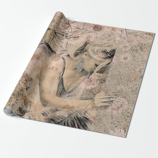 Angel Elegant Boho Floral Sepia Antiek Cadeaupapier (Uitgerold)
