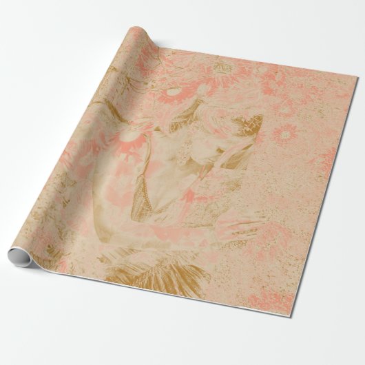 Angel Elegant Hemelse Sepia Roze Bloemen Antiek Cadeaupapier (Uitgerold)