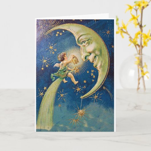 Angel en de maan vakantie Groet Kaart (Gele Bloem)