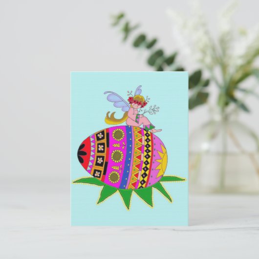 Angel en een Pysanka, Oekraïense Folk Art Briefkaart (Staand voorkant)