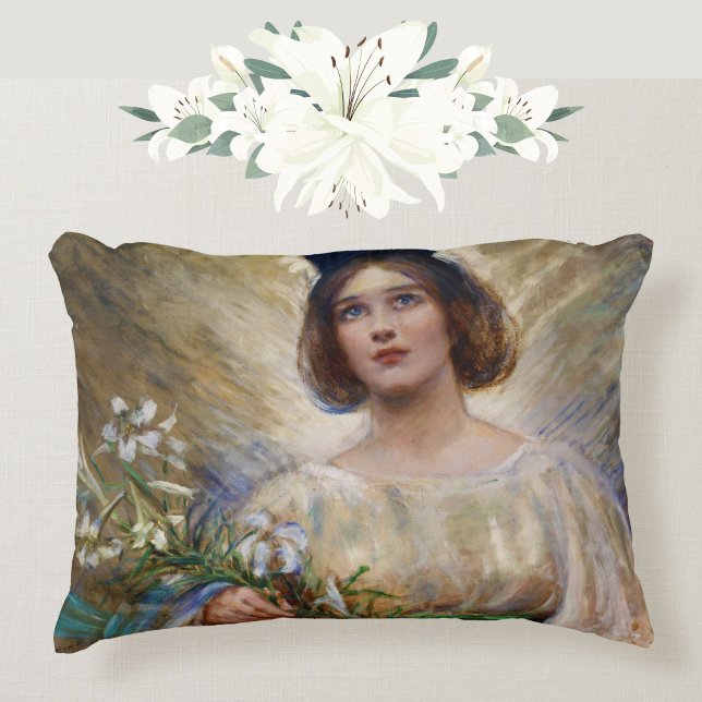  Angel en White Lilies Art Accent Pillow Kussen (A beautiful vintage angel pillow to grace your space.)