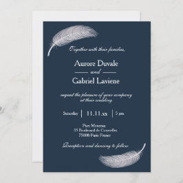Angel Feather Navy Blue White Whimsical Wedding Kaart