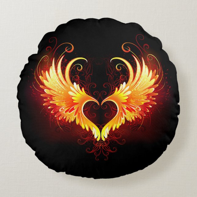 Angel Fire Heart met Wings Rond Kussen (Voorkant)