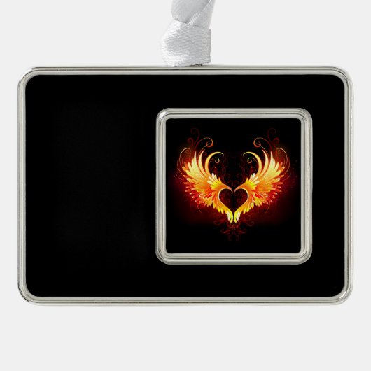 Angel Fire Heart met Wings Verzilverd Omlijst Ornament (Voorkant)
