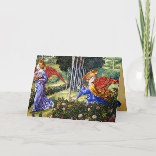 Angel Gathering Flowers in een hemel landschap Feestdagen Kaart (Voorkant)