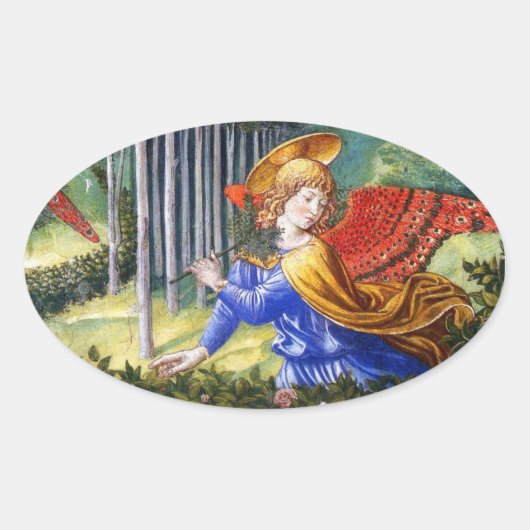 Angel Gathering Flowers in een hemel landschap Ovale Sticker (Voorkant)