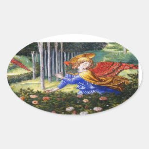 Angel Gathering Flowers in een hemel landschap Ovale Sticker