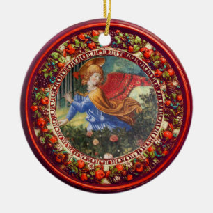 Angel Gathering Flowers Red Floral Crown Kerstmis Keramisch Ornament