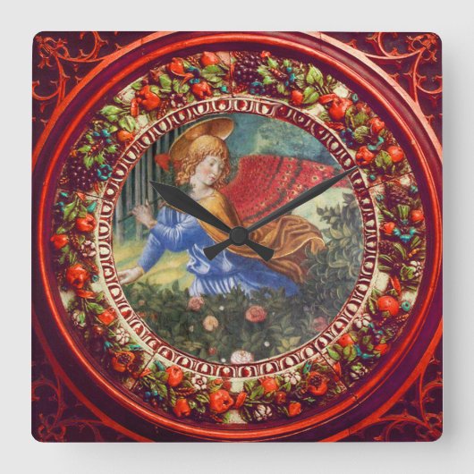 Angel Gathering Flowers Red Floral Crown Kerstmis Vierkante Klok (Voorkant)