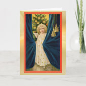 Angel Girl Blue Drapes Vintage-kerstkaart Kaart (Voorkant)